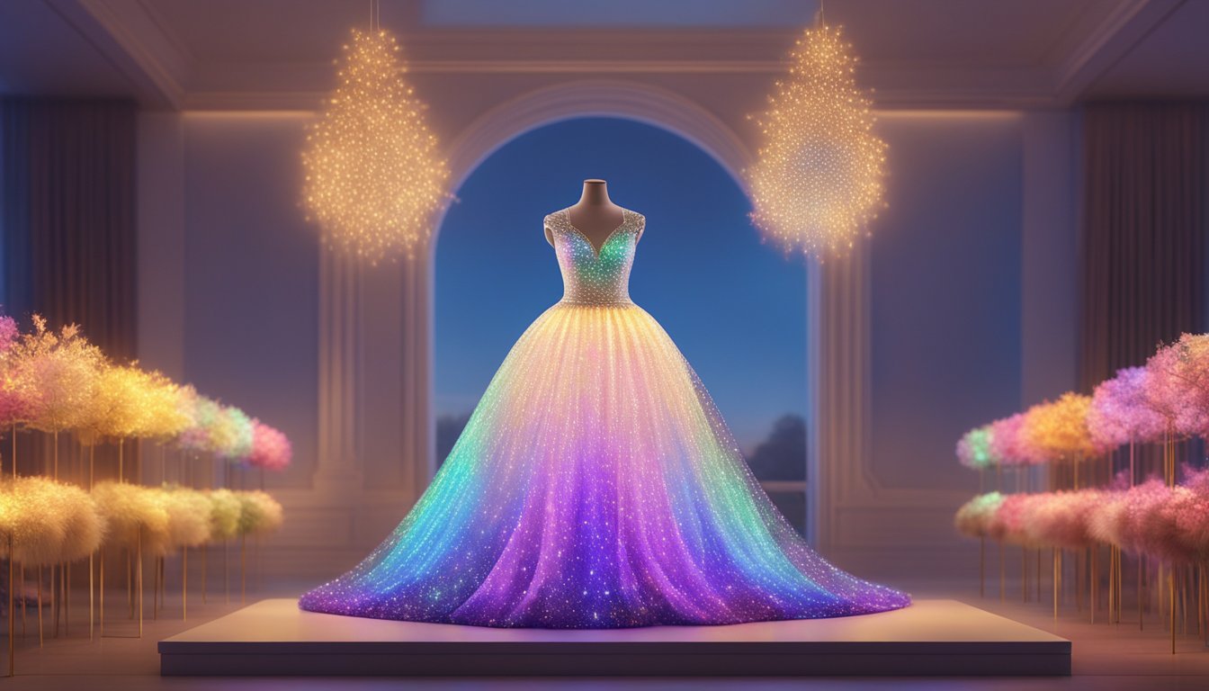 A glowing LED light dress hangs on a mannequin, radiating a spectrum of vibrant colors. The dress is adorned with twinkling lights, creating a mesmerizing and enchanting display