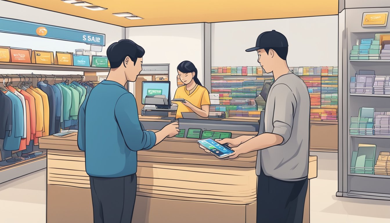 An iPhone XS Max being exchanged for cash at a Singapore buyback store, with a seller receiving payment and a staff member processing the transaction