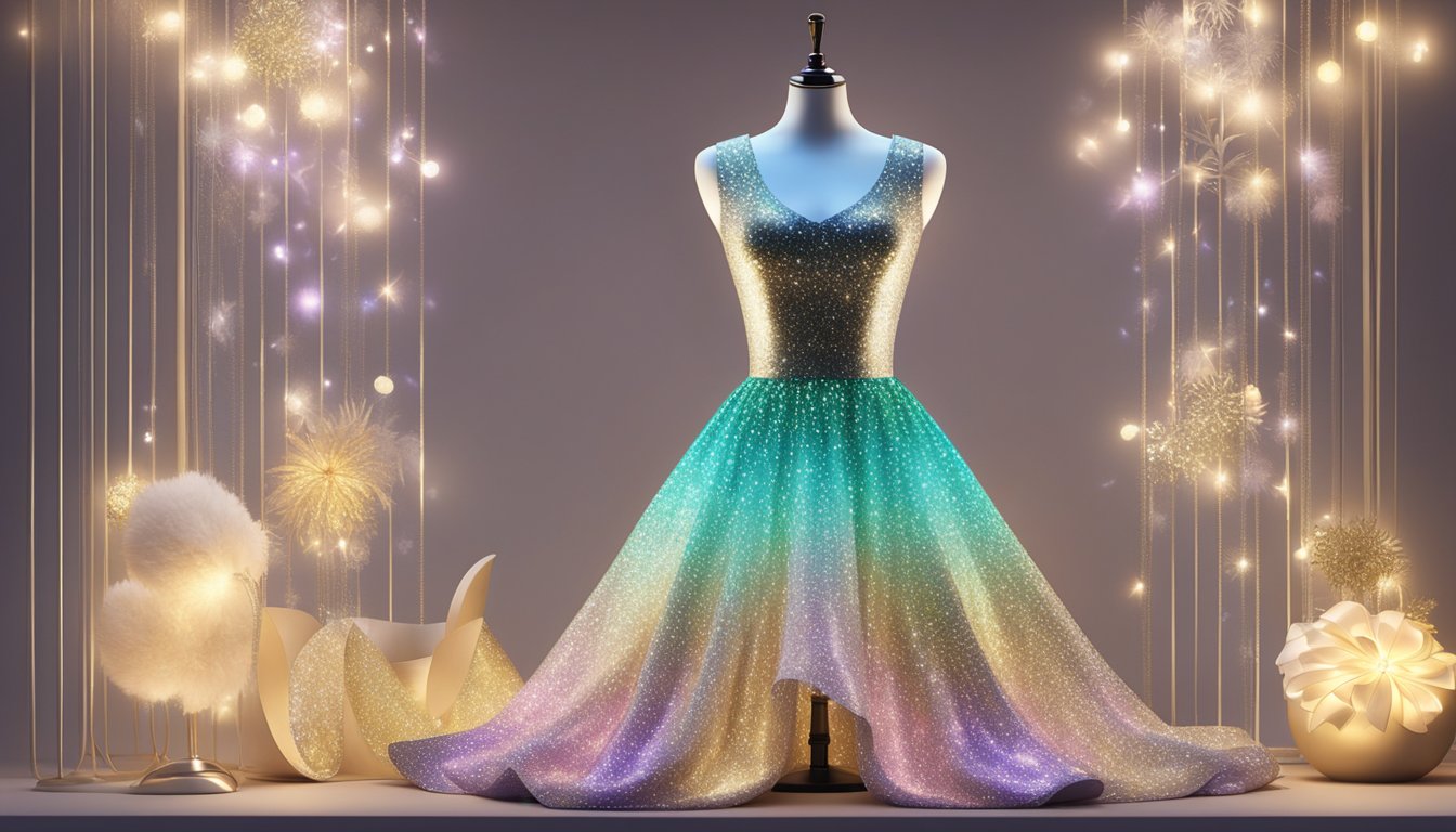 A mannequin wearing a shimmering LED light dress, surrounded by various accessories and decorations, displayed in an online store