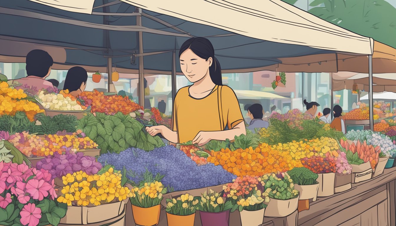 A customer browsing through a variety of edible flowers at a market stall in Singapore, with signage displaying different purchasing and delivery options