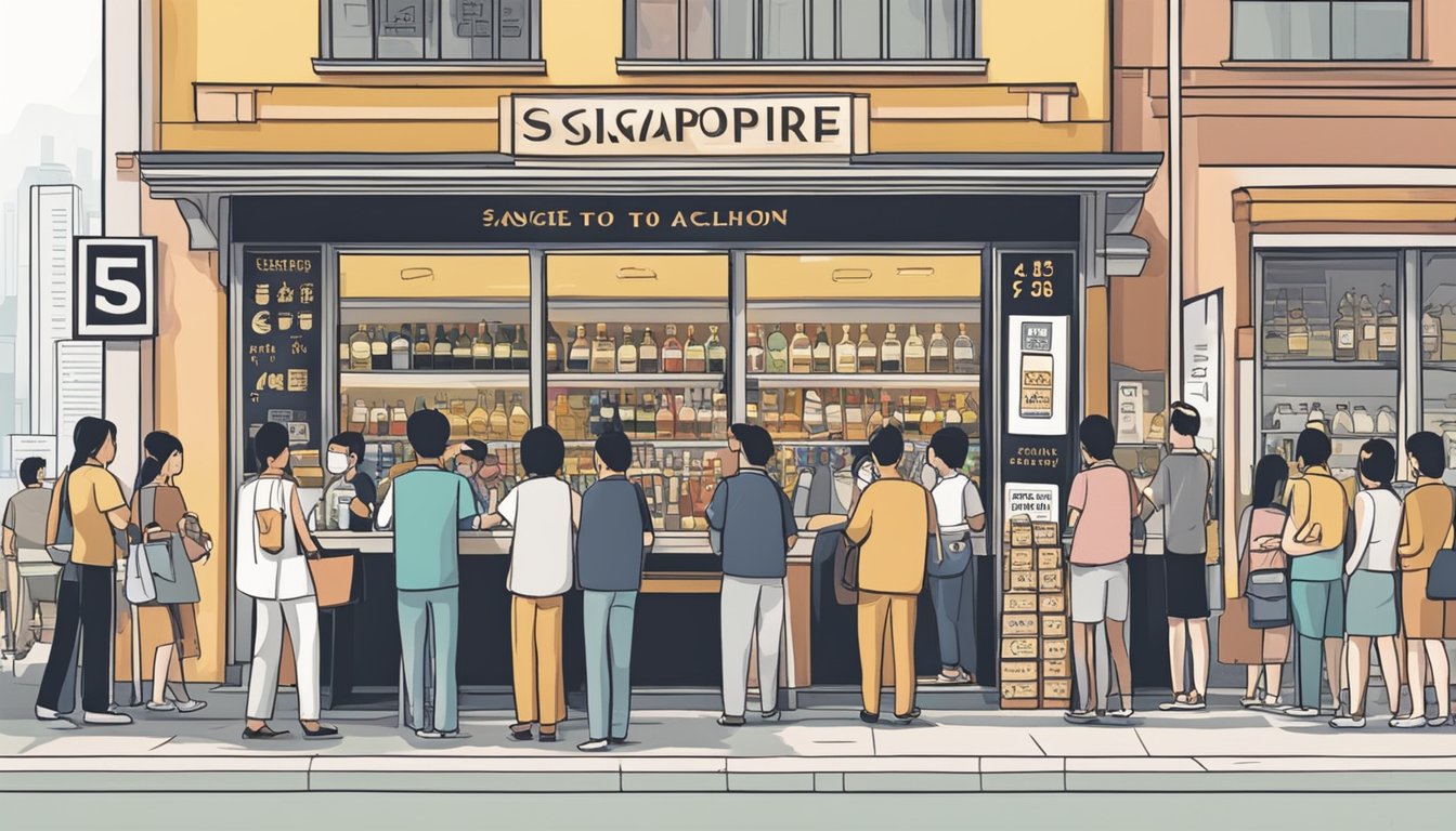 People lining up outside a liquor store, sign displaying "Legal Age to Buy Alcohol in Singapore" prominently