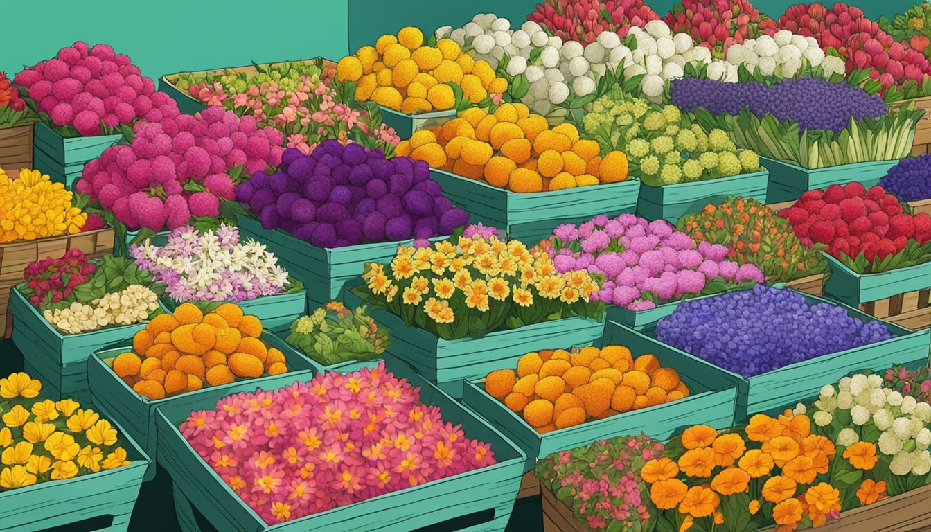 A display of various edible flowers at a market in Singapore, with vibrant colors and neatly arranged in baskets or containers