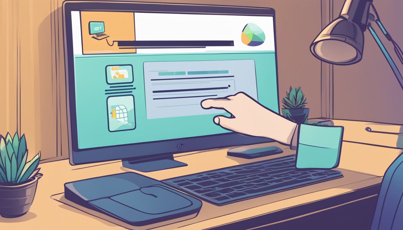 A computer screen displays a website with a "Buy Ether" button. A hand hovers over a mouse, ready to click