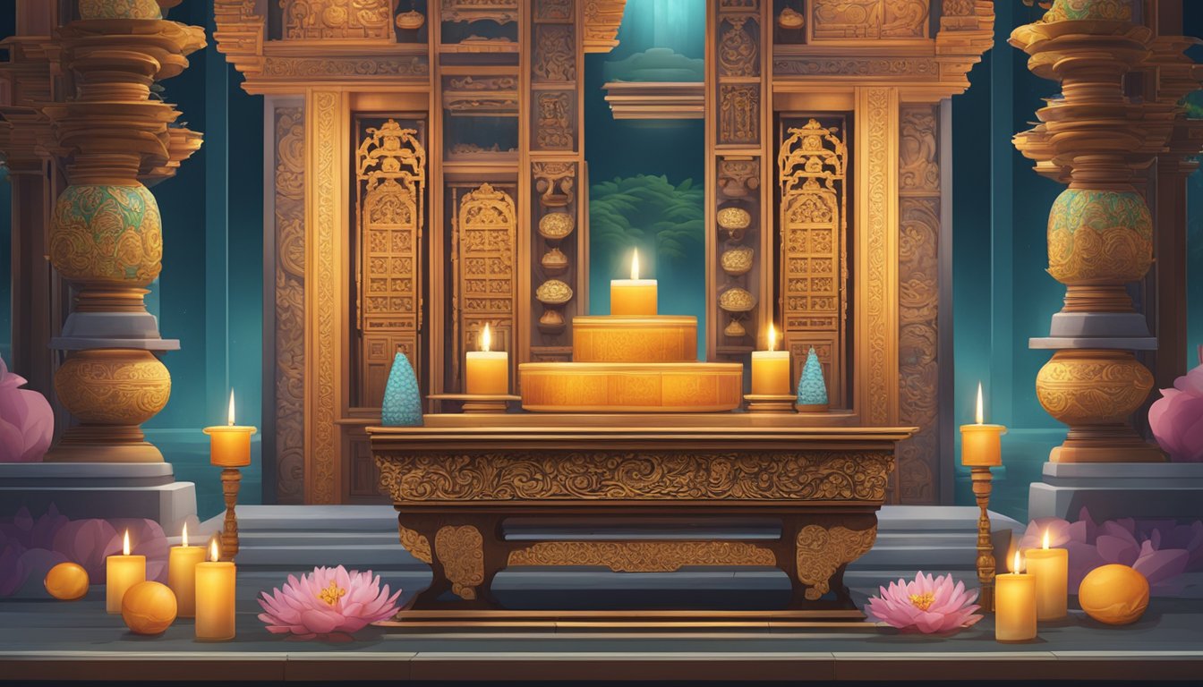 A serene temple in Singapore, with an intricately carved altar table, adorned with offerings and incense, surrounded by flickering candles