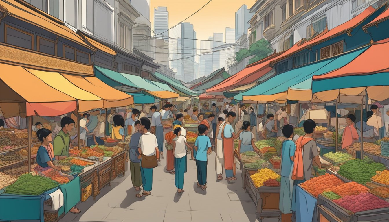A bustling Singapore market, with vendors selling ornate altar tables. Brightly colored fabrics and intricate carvings catch the eye