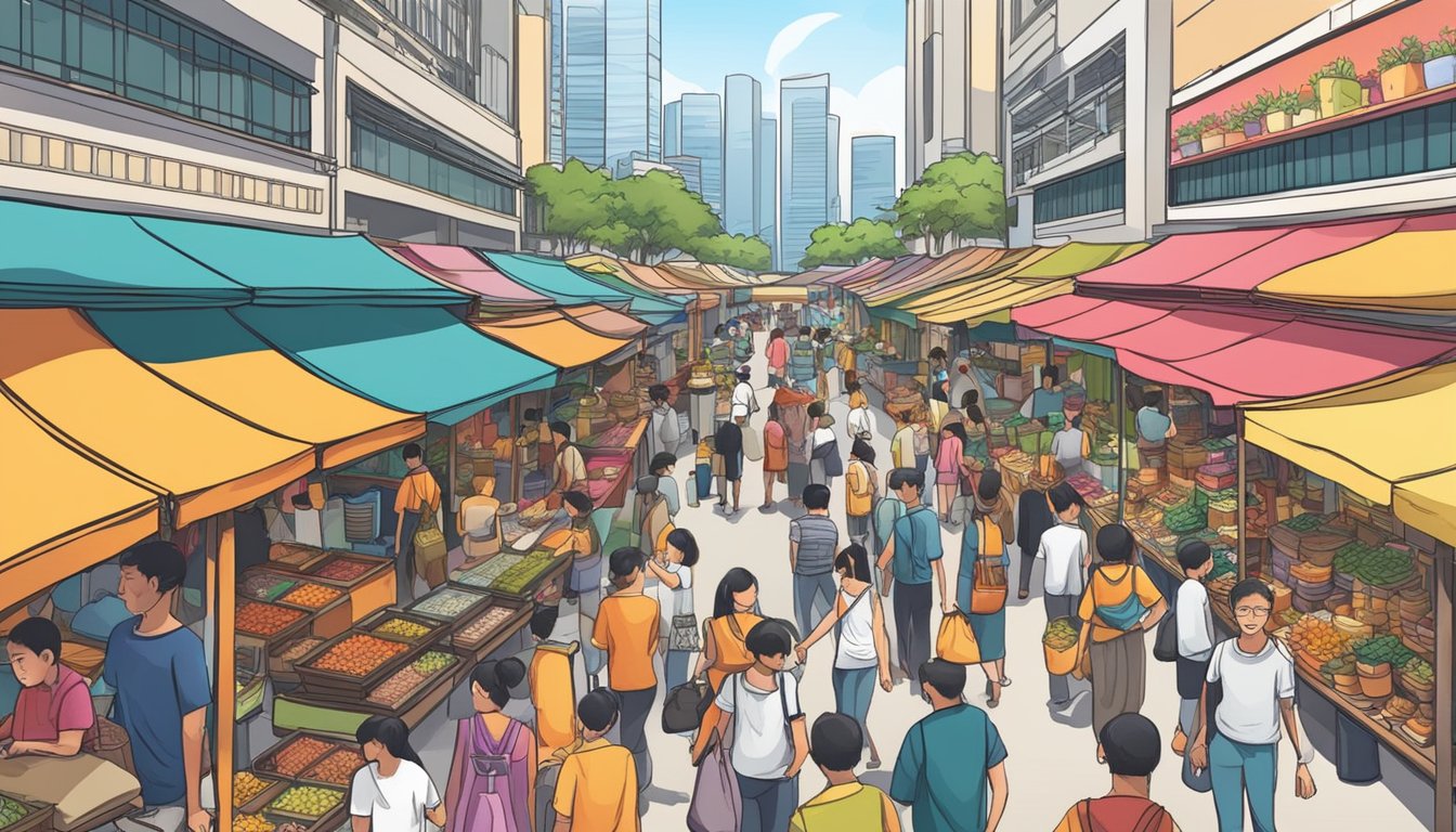 A busy marketplace with various vendors selling furniture, including an altar table, in Singapore. Brightly colored stalls and bustling crowds create a lively atmosphere