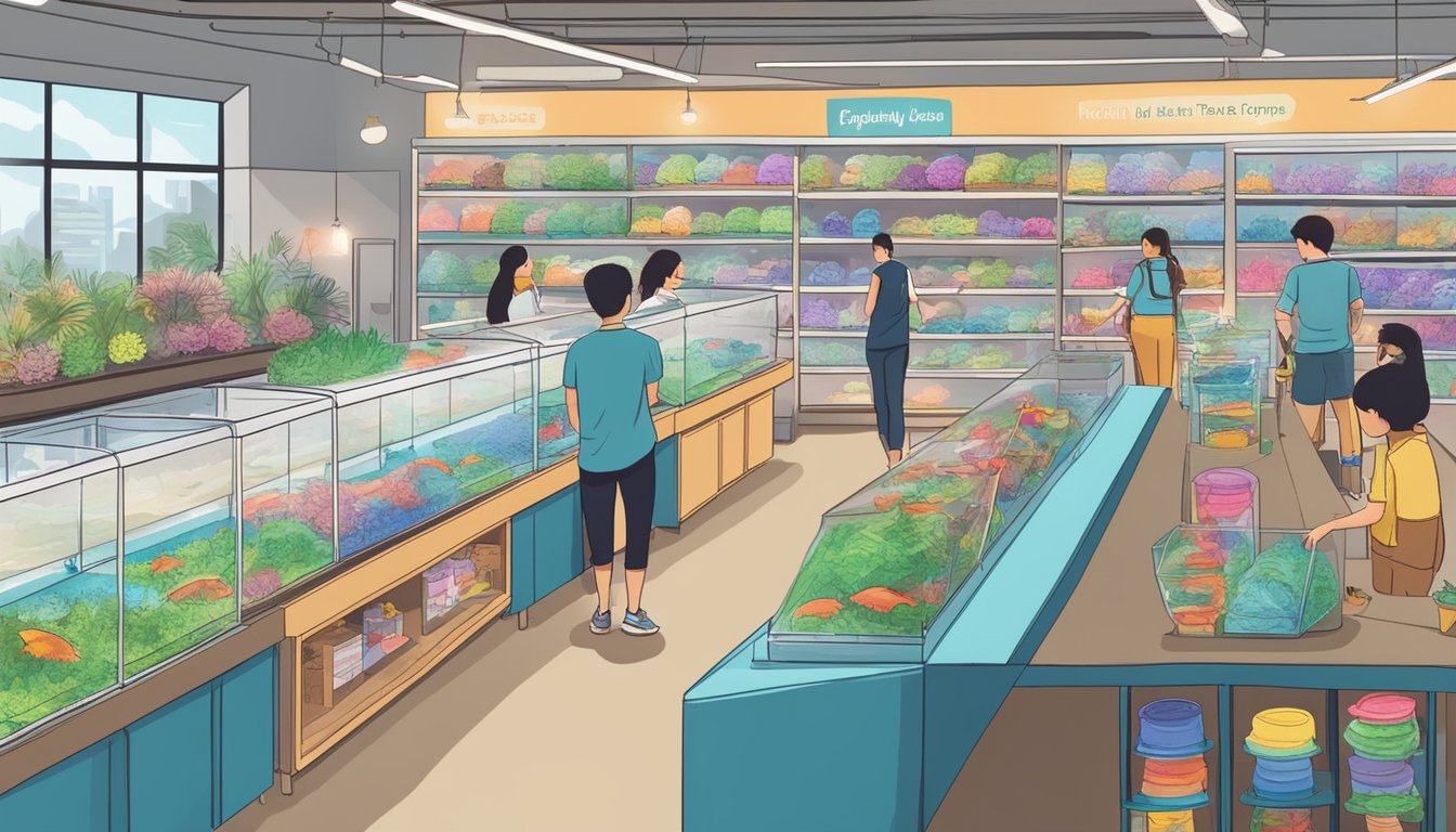 A local pet store with colorful betta fish displayed in individual tanks, customers browsing, and a sign reading "Frequently Asked Questions: where to buy betta fish in Singapore."