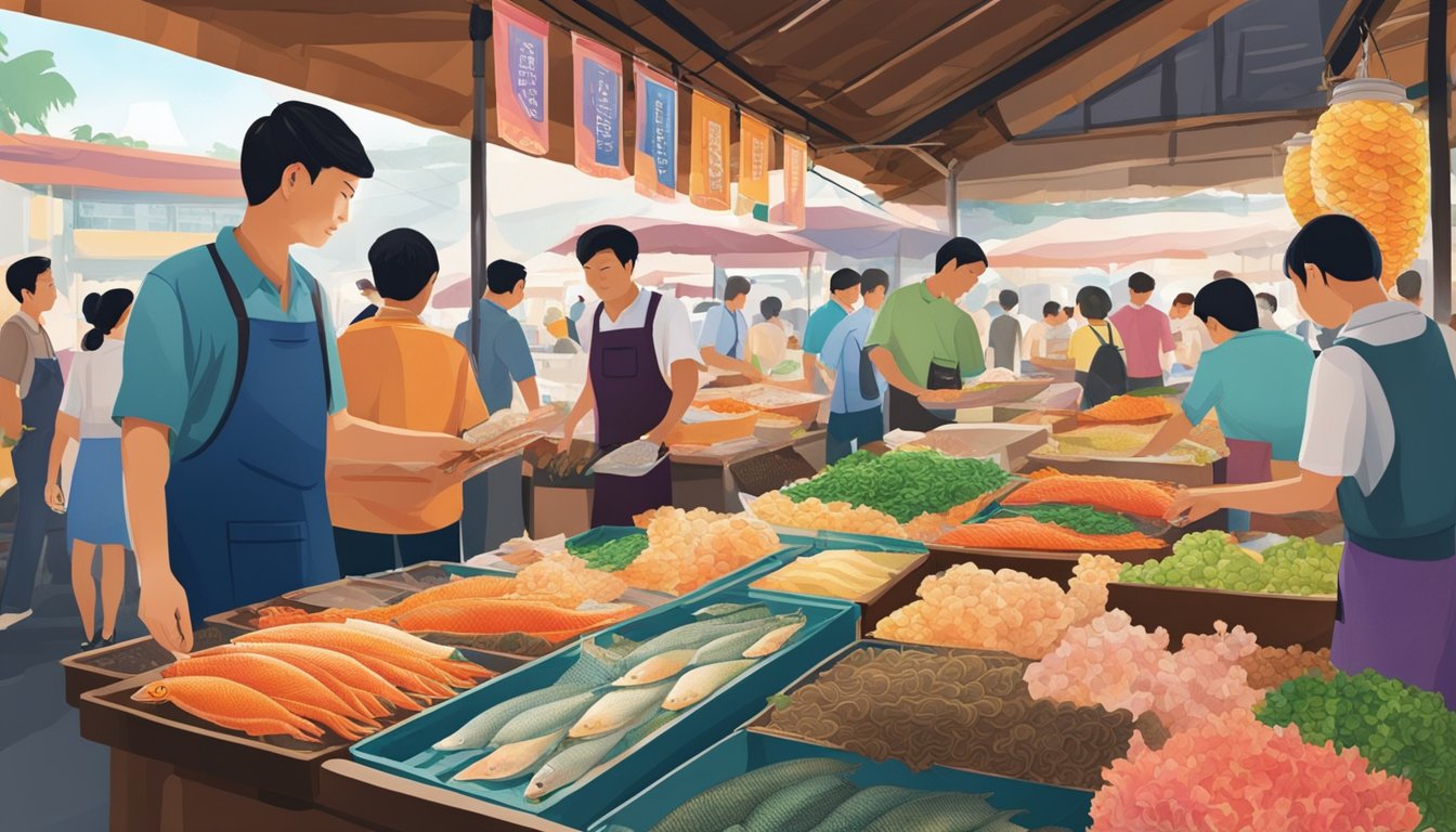 A bustling market stall sells fish skin in Singapore. Customers browse the selection, while the vendor packages orders. The vibrant colors and enticing textures draw in passersby