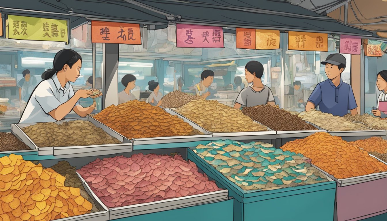 A bustling Singapore market stall displays a colorful array of fish skin snacks, with vendors enthusiastically promoting their wares to eager customers