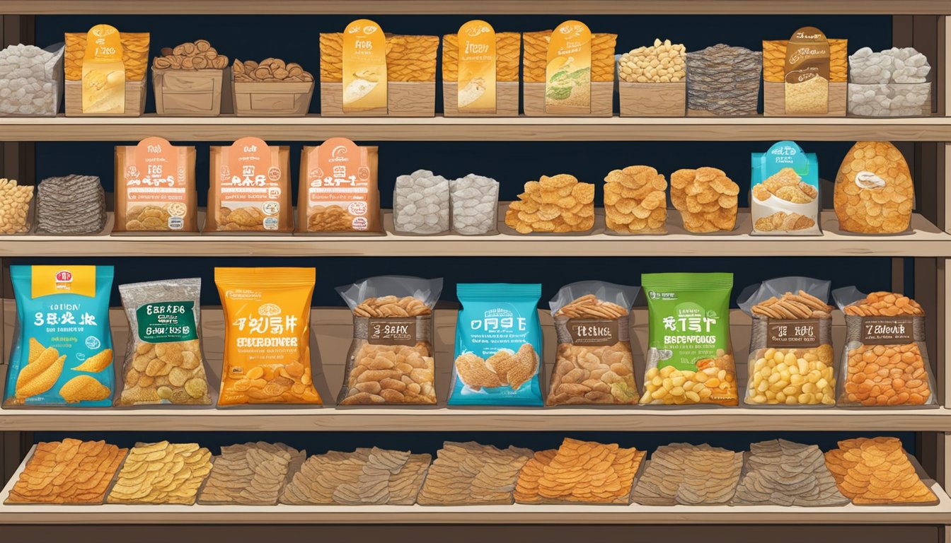 Fish skin snacks displayed on shelves in a Singaporean market. Various flavors and brands are available for purchase