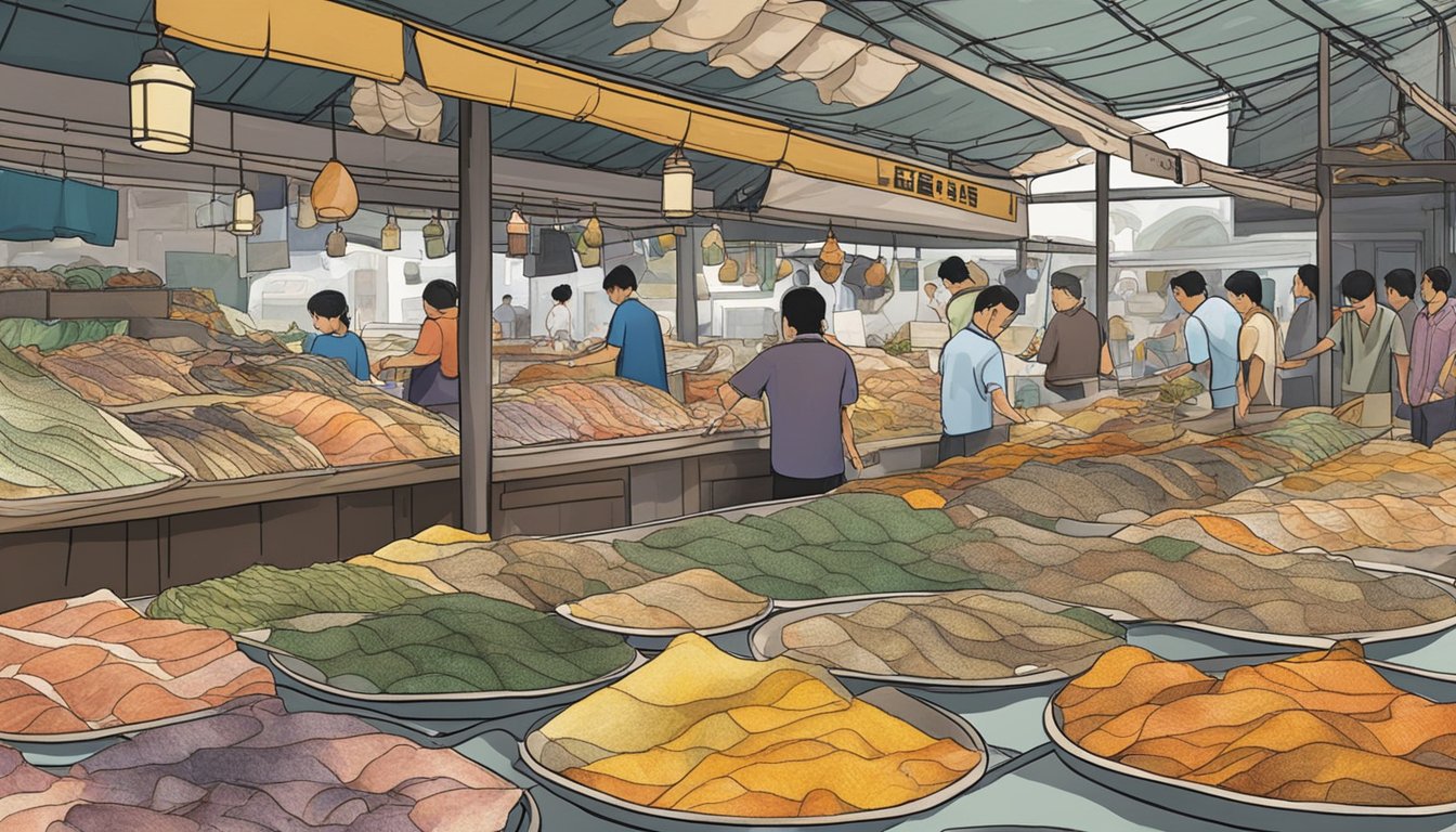 A bustling market stall in Singapore displays various fish skins for sale. Customers inquire about the products, while the vendor answers questions and showcases the different options available