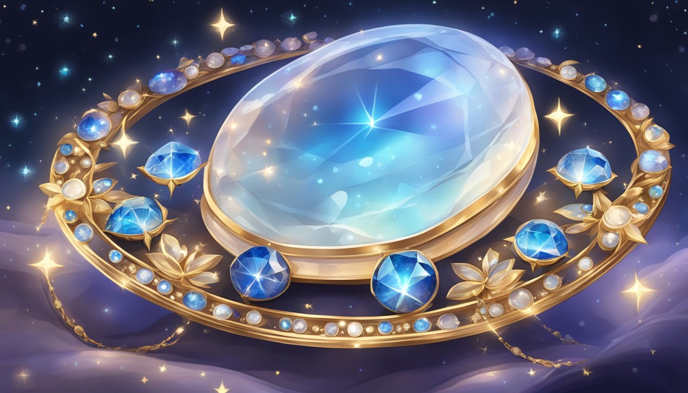 A glowing moonstone rests on a velvet cushion, surrounded by twinkling stars and shimmering crystals