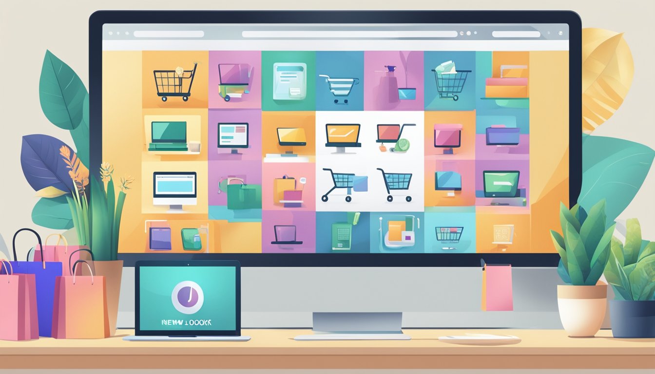 A computer screen displaying a website with a "new look buy online" banner, surrounded by various product images and a shopping cart icon