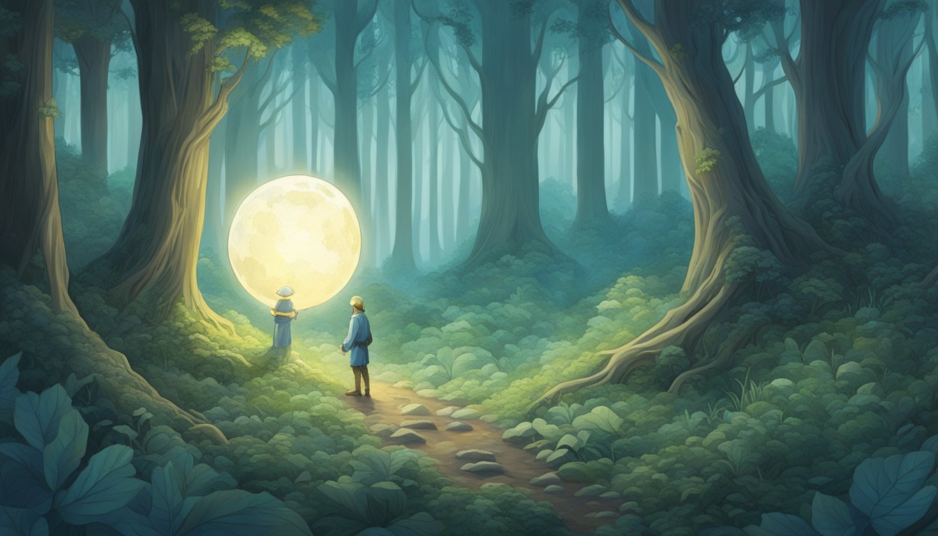 A figure uncovers a shimmering moonstone in a mystical forest clearing