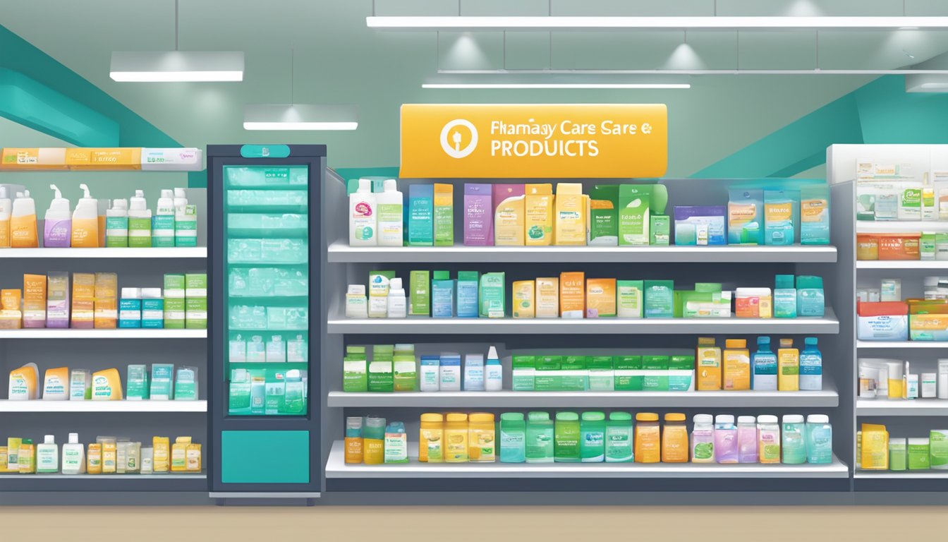A pharmacy shelf in Singapore displays Flo Sinus Care products, with signage indicating availability for purchase