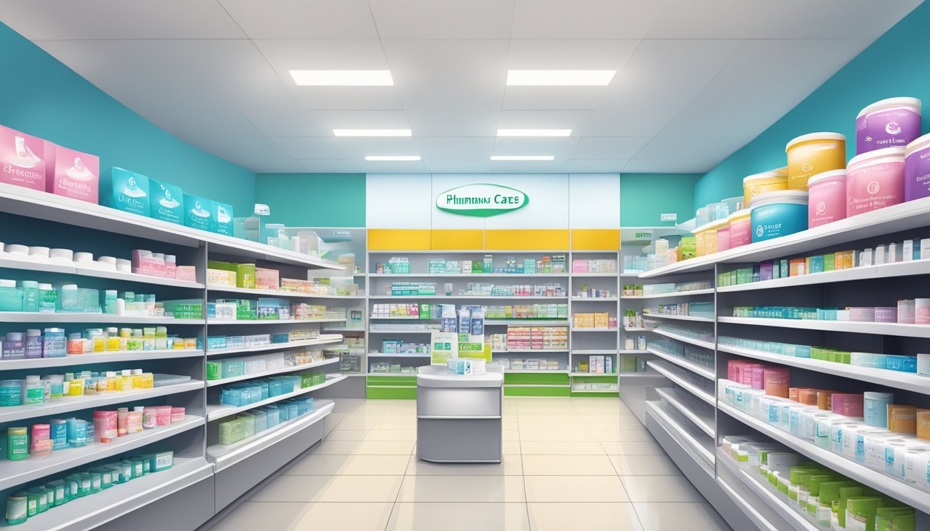 A pharmacy shelf stocked with Flo Sinus Care products in Singapore. Bright and clean with clear signage
