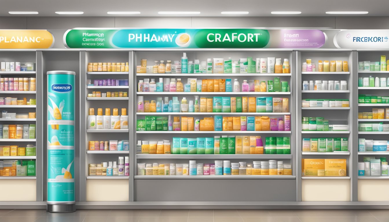 A pharmacy shelf displays Fobancort cream in Singapore. Bright lighting highlights the packaging