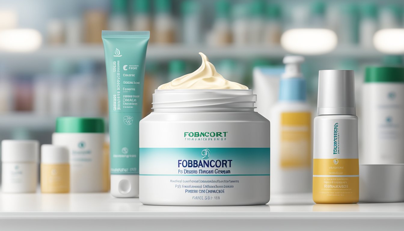 A tube of Fobancort Cream sits on a clean, white countertop, with a backdrop of a modern pharmacy in Singapore