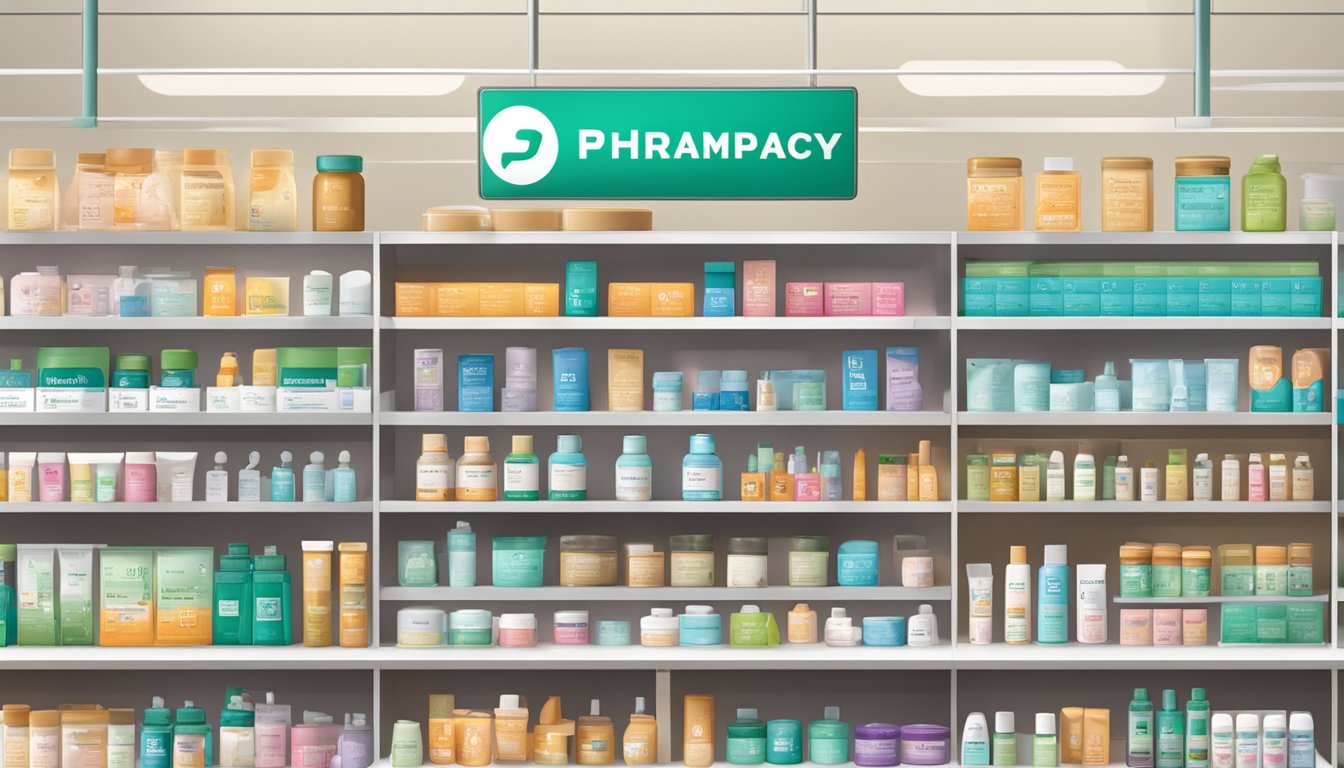 A pharmacy shelf displaying Fobancort cream in Singapore with a "Frequently Asked Questions" sign above it