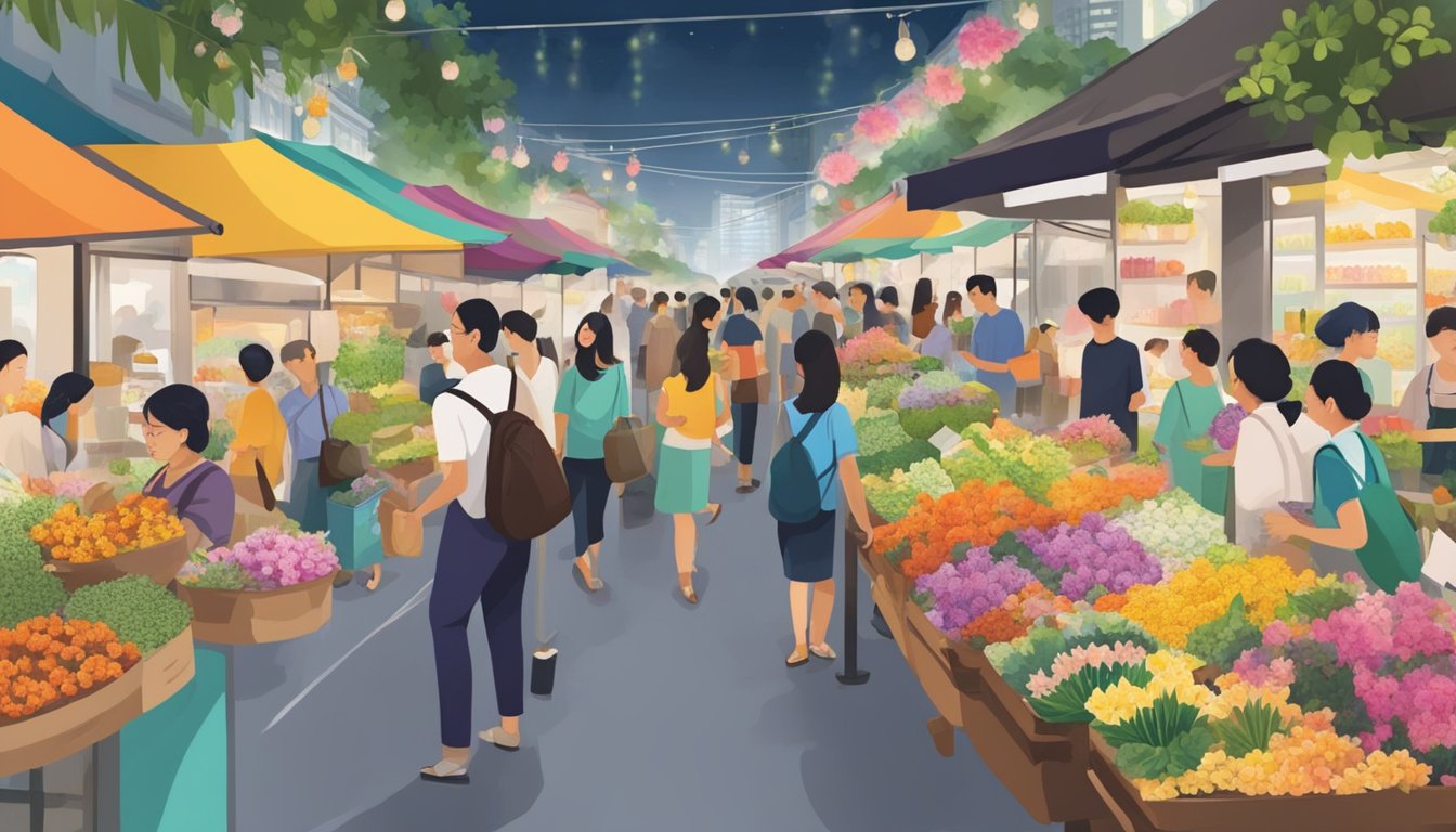 A bustling Singapore market, with colorful stalls selling various flower teas. Customers sample and purchase fragrant blends