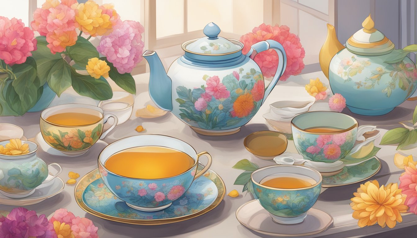 A table displays various flower tea varieties, with vibrant colors and delicate petals. A teapot and cups sit nearby, ready for brewing. The backdrop showcases a Singaporean setting
