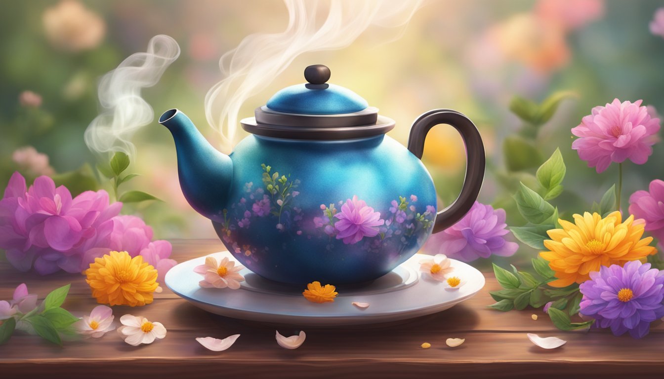 A steaming teapot sits on a wooden table, surrounded by vibrant flower petals and aromatic herbs. A gentle steam rises, evoking a sense of tranquility and wellness
