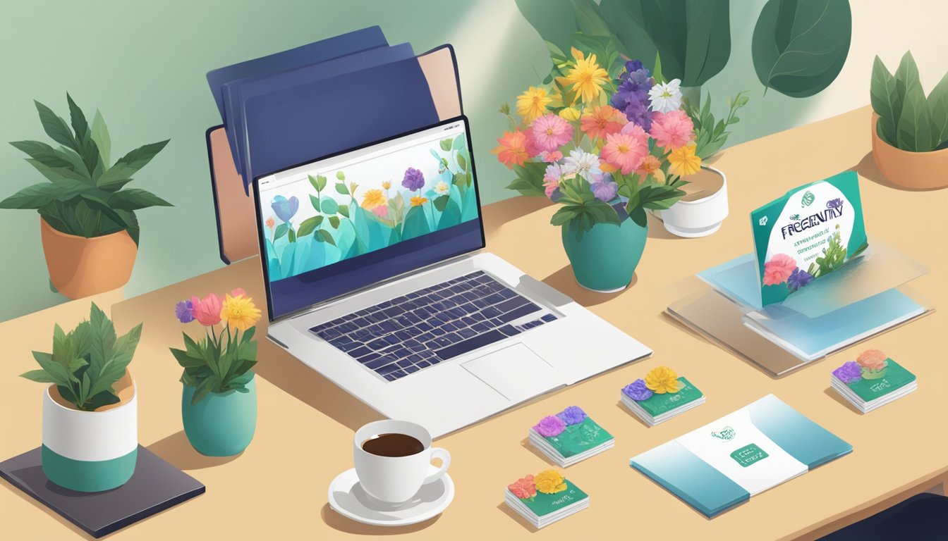 A table with various flower tea packages, a laptop displaying "Frequently Asked Questions buy flower tea singapore," and a customer service representative answering inquiries