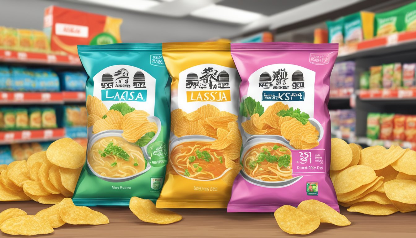 A display of Singapore laksa potato chips in a local grocery store, with vibrant packaging and a "new" sticker