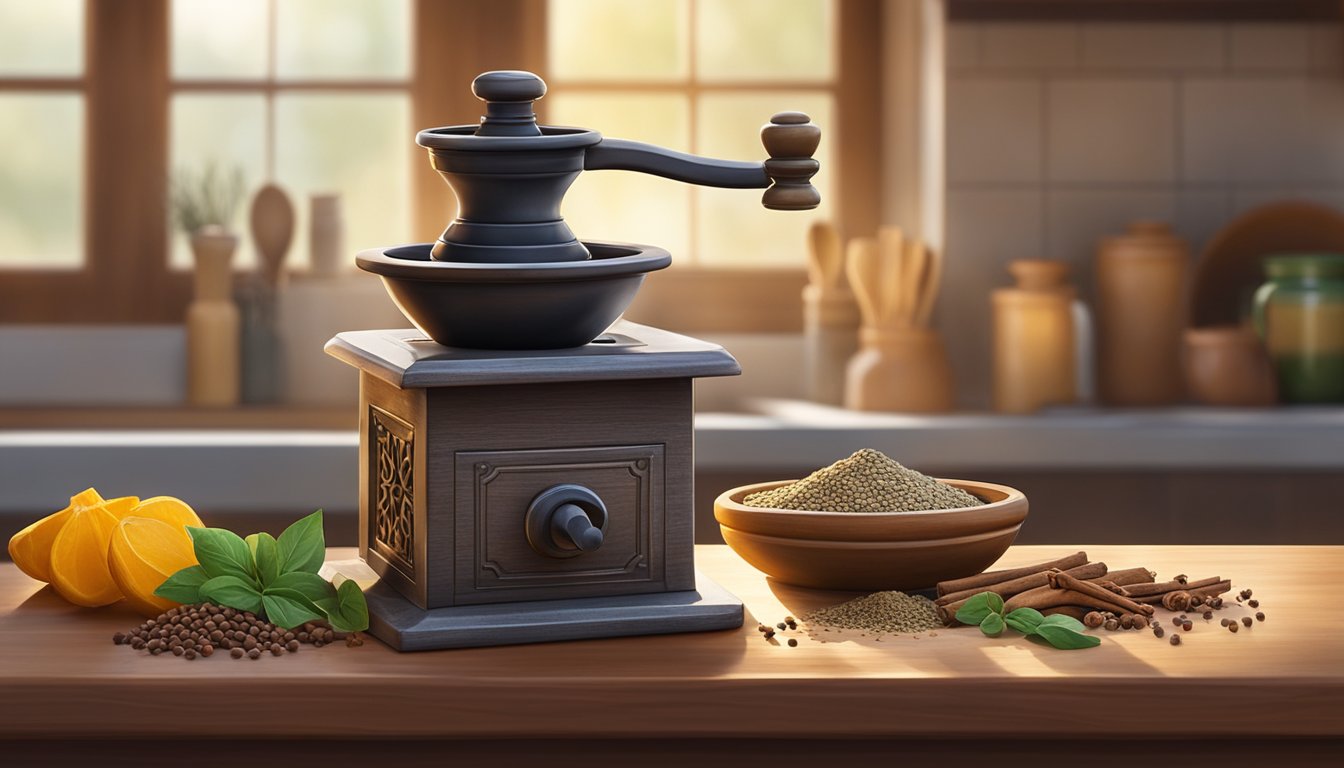 A handcrafted sil batta sits on a rustic kitchen countertop, surrounded by aromatic spices and grains. The morning sunlight filters through the window, casting a warm glow on the traditional stone grinder
