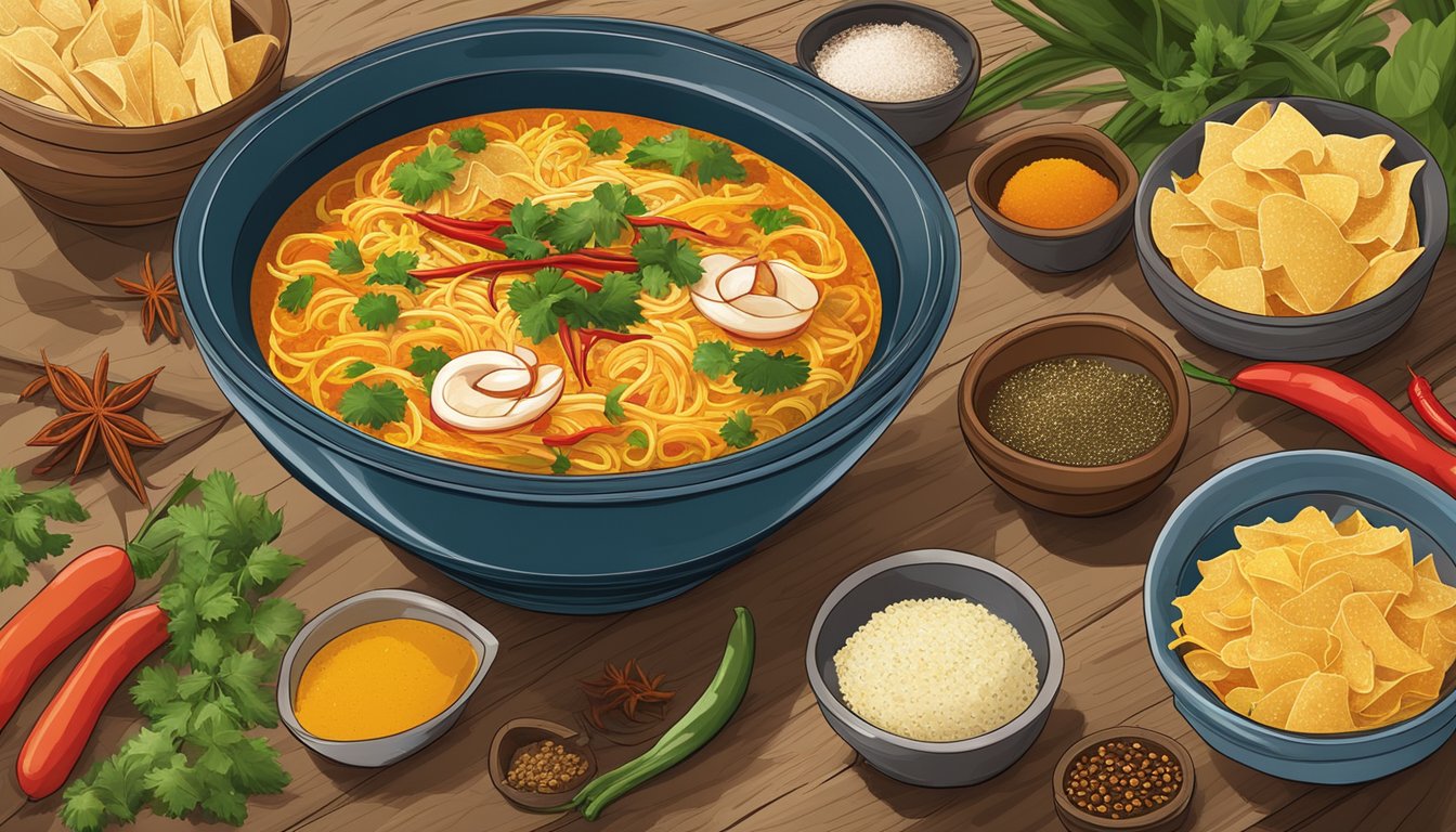 A bowl of Singapore laksa potato chips sits on a wooden table, surrounded by traditional spices and ingredients. The chips are sprinkled with a fragrant and colorful seasoning, evoking the rich and spicy flavors of the popular Southeast Asian dish