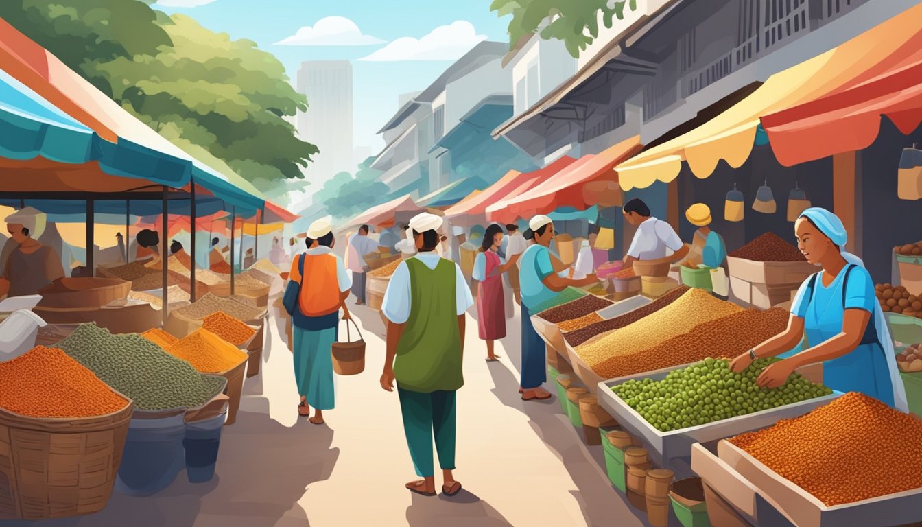 A bustling marketplace with colorful spice vendors, displaying fresh nutmeg in baskets and jars, with vibrant signs advertising their availability in Singapore