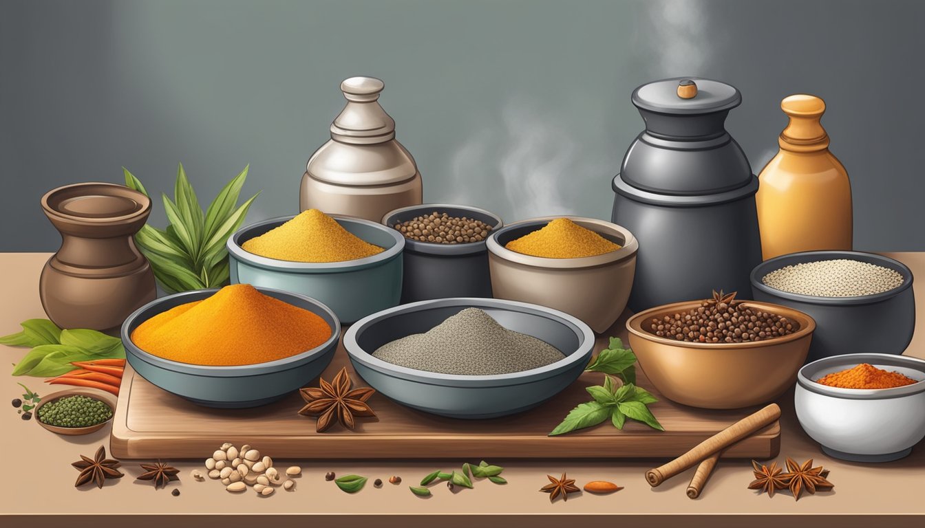 A modern kitchen countertop with a traditional Indian sil batta (grinding stone) placed on it, surrounded by various spices and ingredients