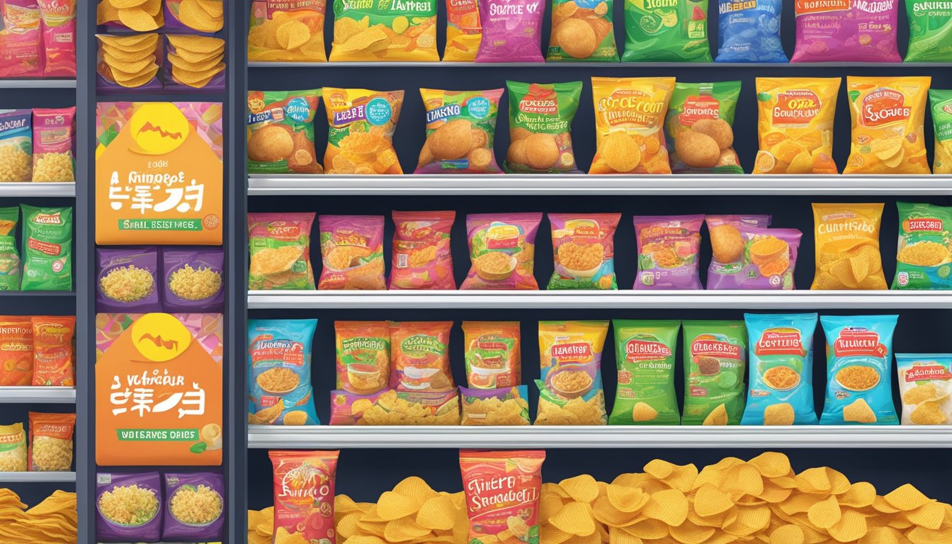 A colorful display of Singapore Laksa potato chips on a shelf in a grocery store, with vibrant packaging and a "where to buy" sign