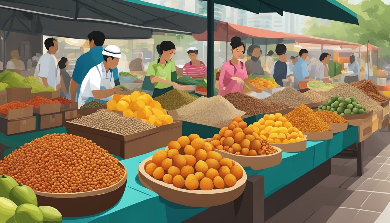 A bustling Singaporean market stall displays fresh nutmeg alongside vibrant spices and exotic fruits