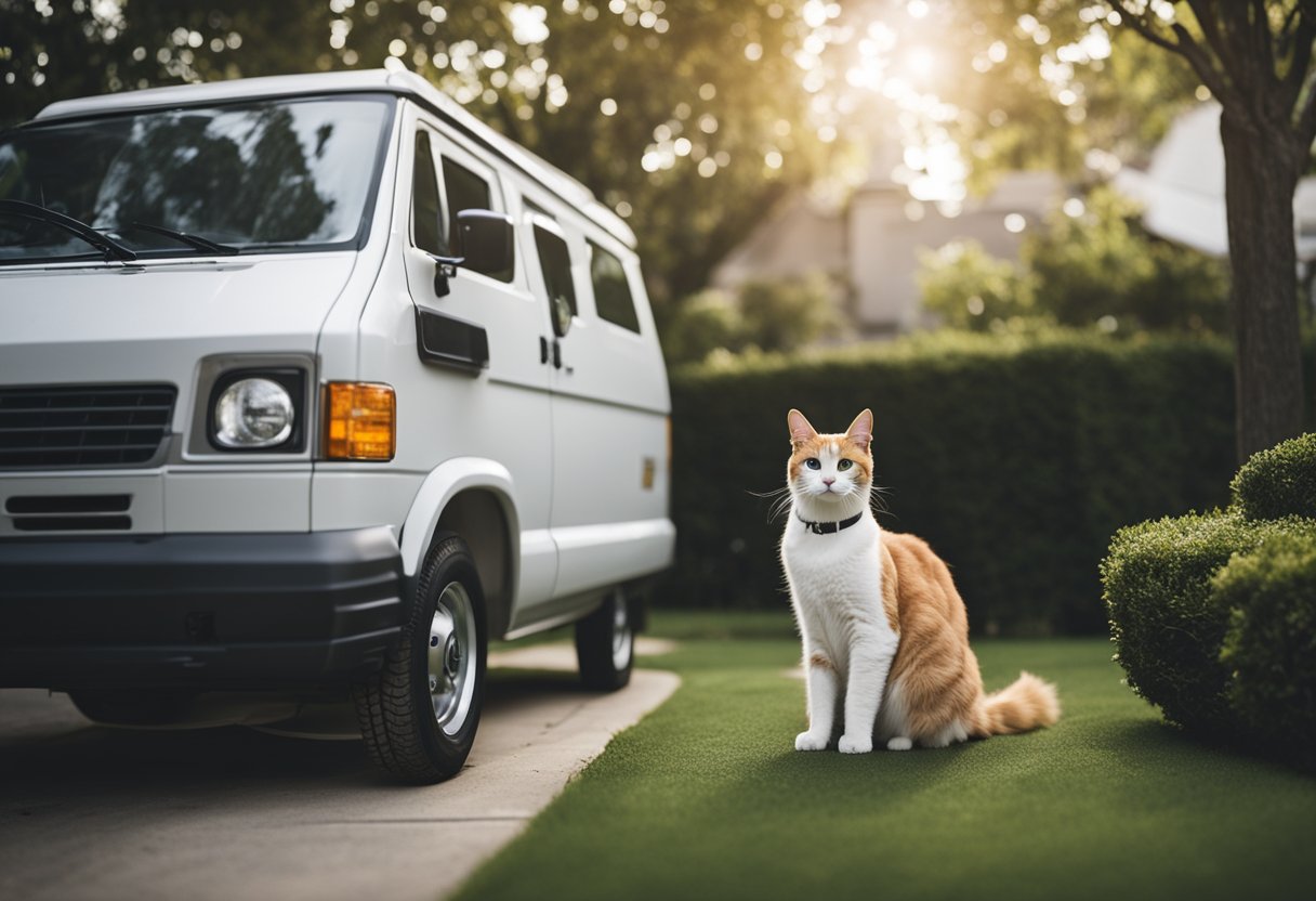 A mobile cat grooming van parked in a suburban neighborhood. A cat owner watches as a groomer efficiently tends to their pet inside the van