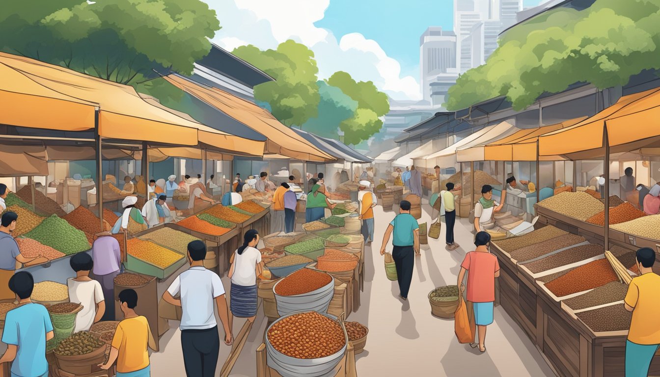 A bustling marketplace with various spice vendors displaying fresh nutmeg in Singapore