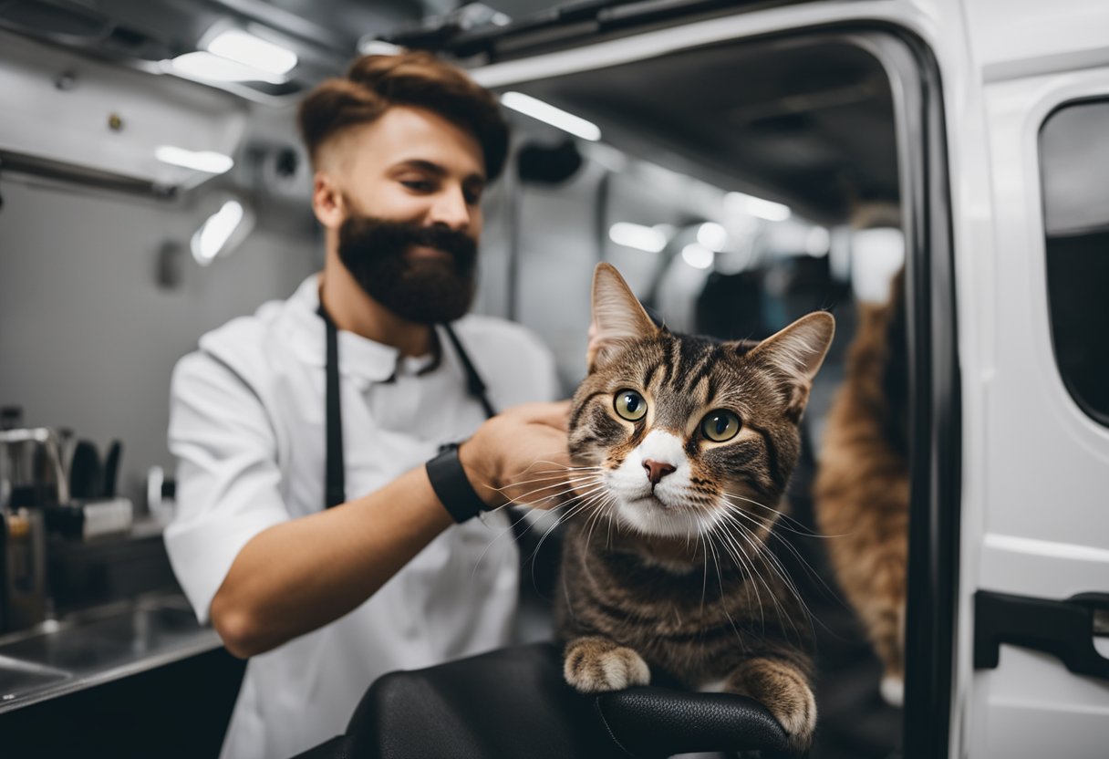 A cat receiving personalized grooming in a mobile van, with a groomer providing individualized care and attention