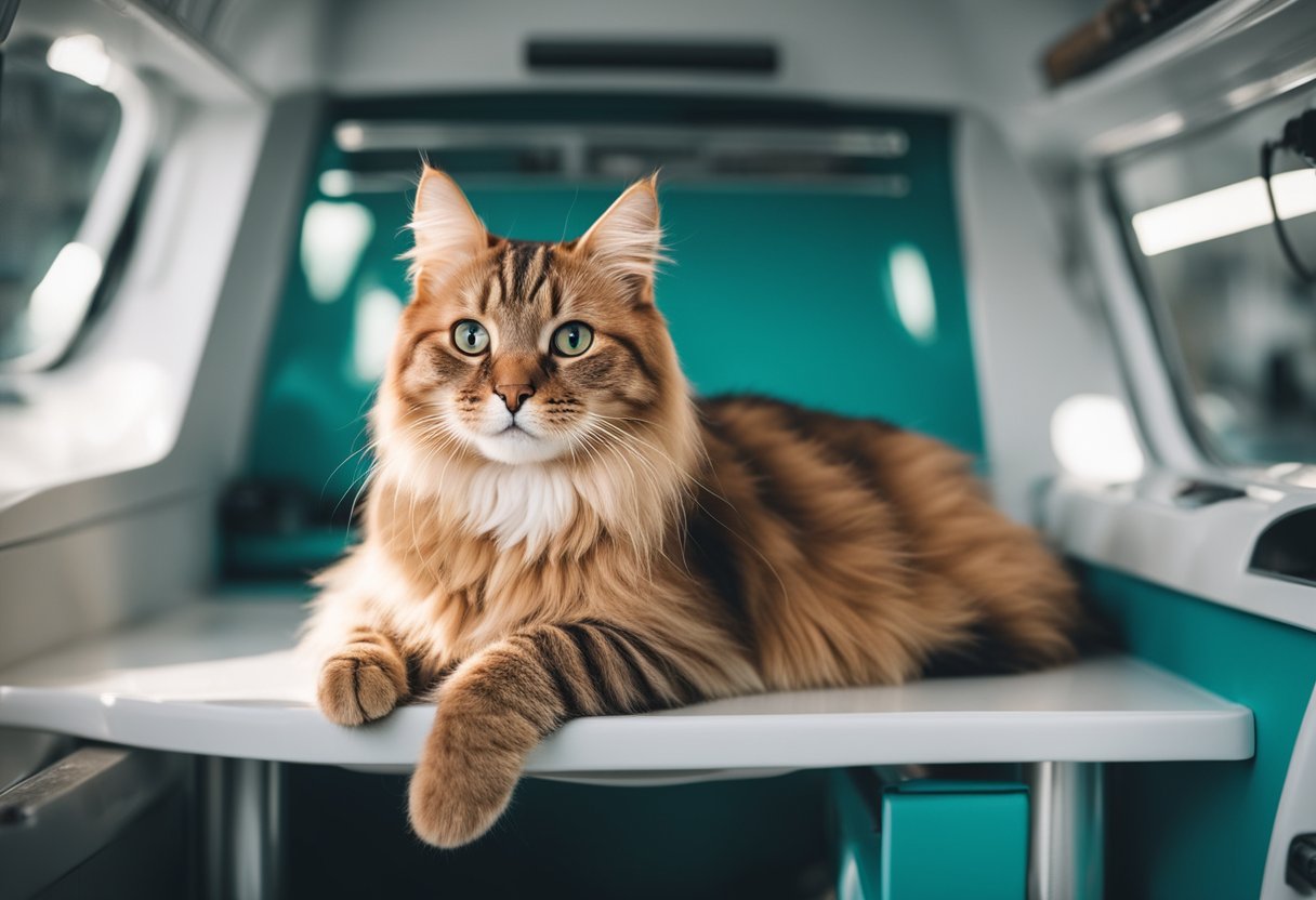 A clean, well-groomed cat lounging in a modern, mobile grooming van with a sparkling, sanitized interior. A variety of grooming tools and products are neatly organized, highlighting the convenience and health benefits of mobile cat grooming