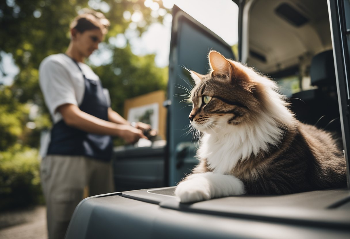 Mobile cat grooming: a van parked outside a cozy home, a groomer inside grooming a contented cat, while the owner watches nearby