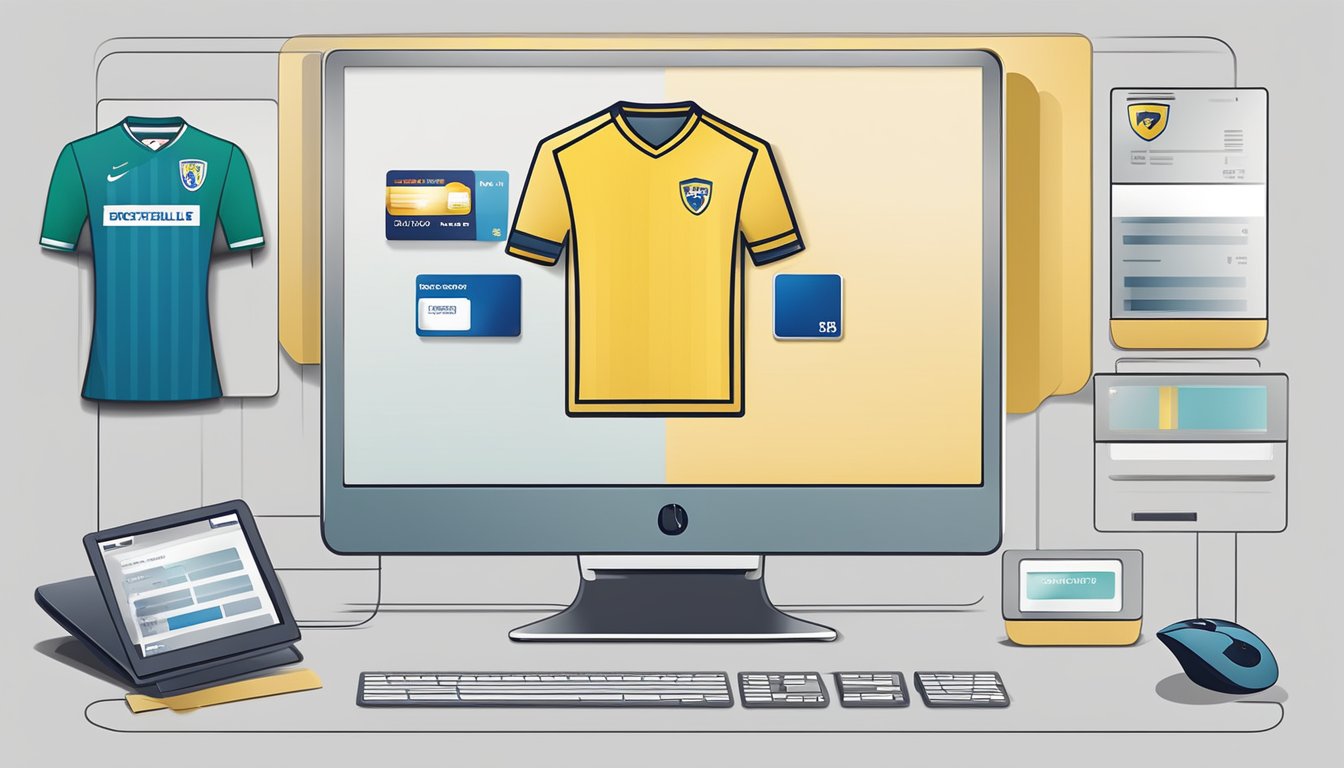 A computer screen displaying a website with various football kits for sale, a credit card and a mouse placed next to the screen