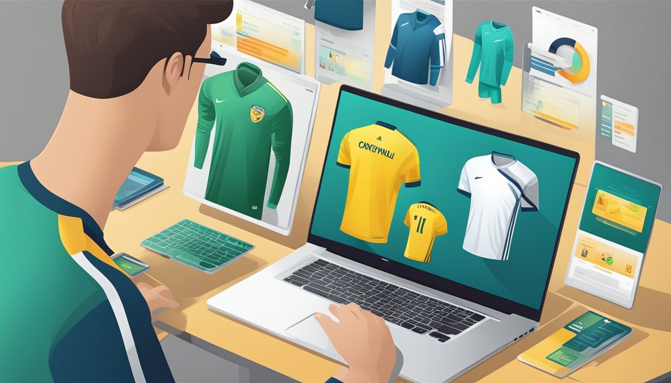 A person browsing a website on a laptop, selecting a football kit from various options displayed on the screen