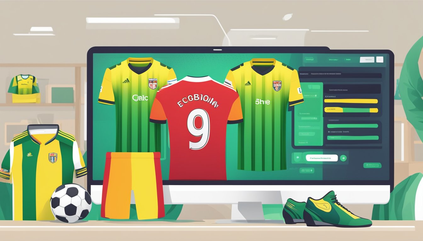 Customers browsing football kits online, with a variety of options displayed on the screen. FAQ section visible on the website