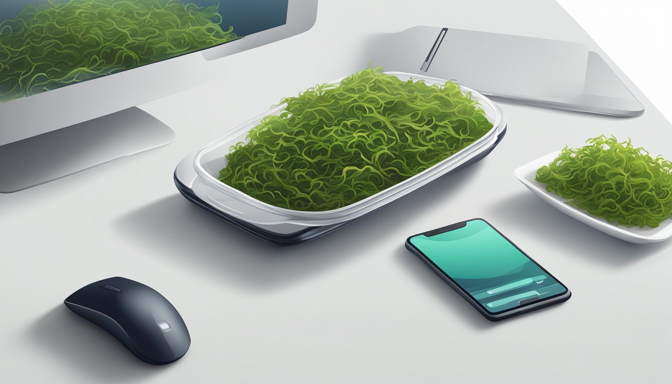 Fresh seaweed displayed on a clean, white surface with a computer or mobile device nearby for online purchasing