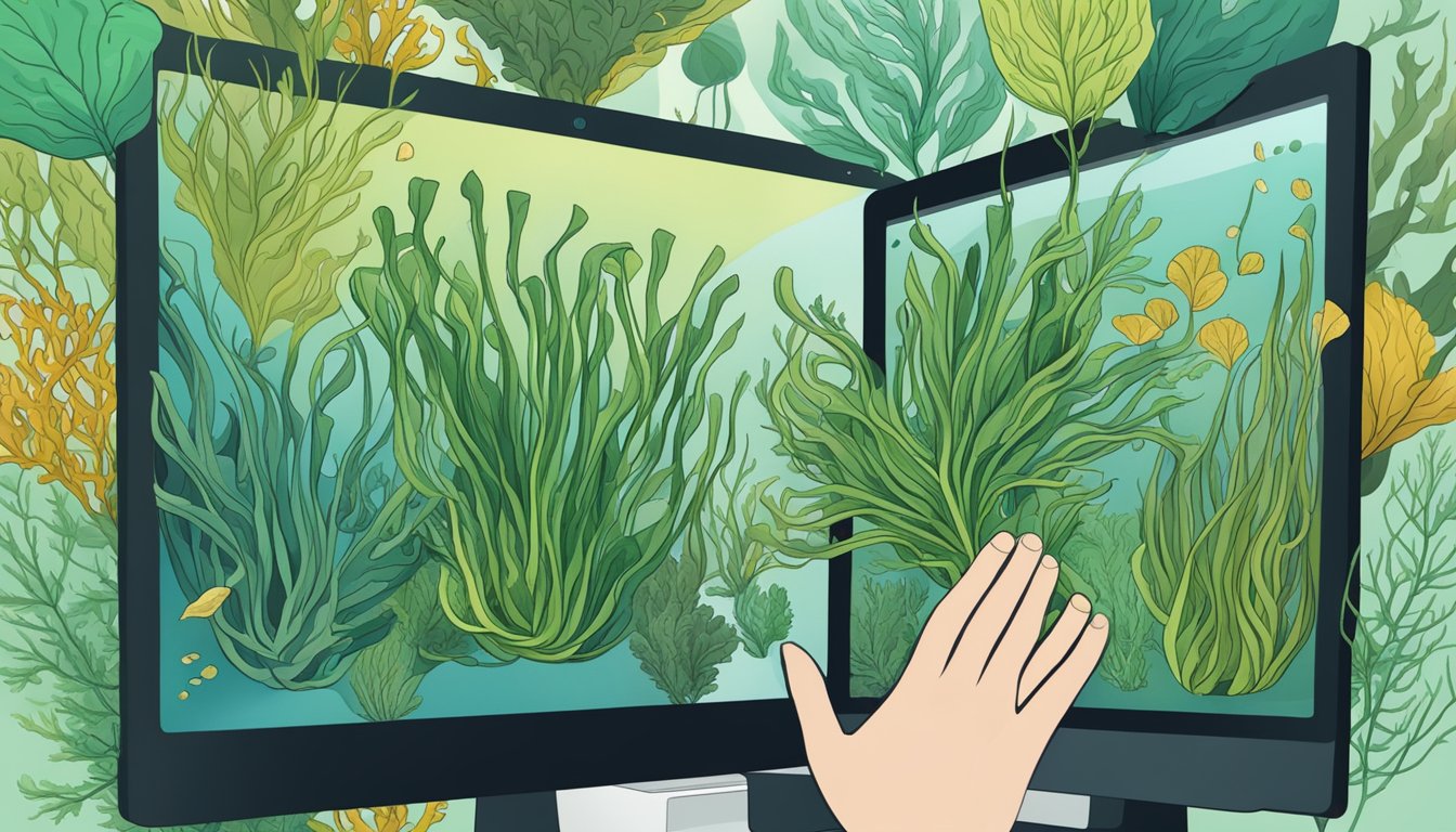 A hand reaches for a vibrant green seaweed bundle on a computer screen, surrounded by images of other seaweed varieties