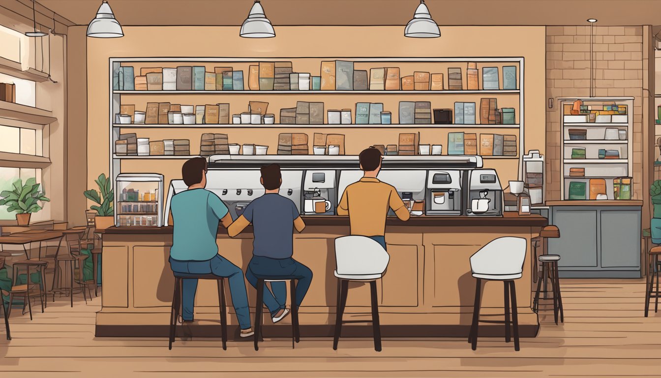 A cozy coffee shop with shelves lined with G7 coffee packets. Customers savoring their cups, while a barista brews a fresh pot