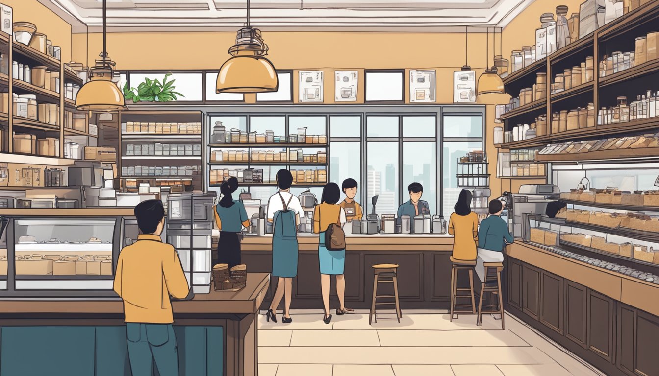 A bustling coffee shop in Singapore with shelves stocked with G7 coffee, customers browsing, and a helpful staff member answering questions