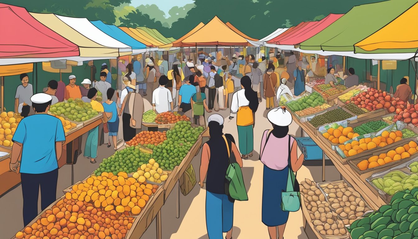 A bustling outdoor market in Singapore, with colorful stalls selling fresh dates and other exotic fruits. Customers browse the selection, while vendors call out their prices and offer samples