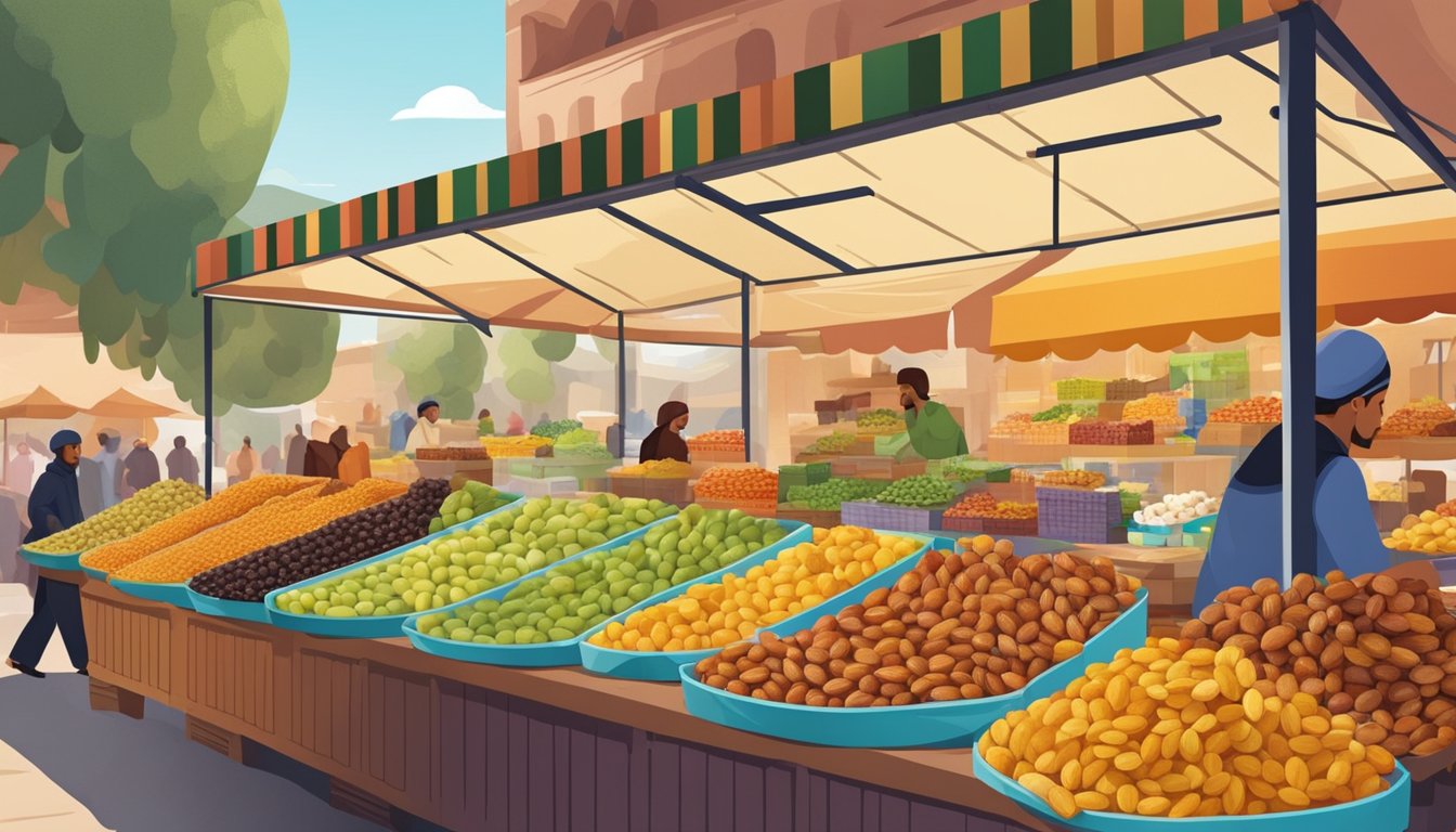 A bustling market stall displays a variety of fresh dates in colorful packaging. Customers browse and sample the sweet fruit, while vendors eagerly promote their top-quality products