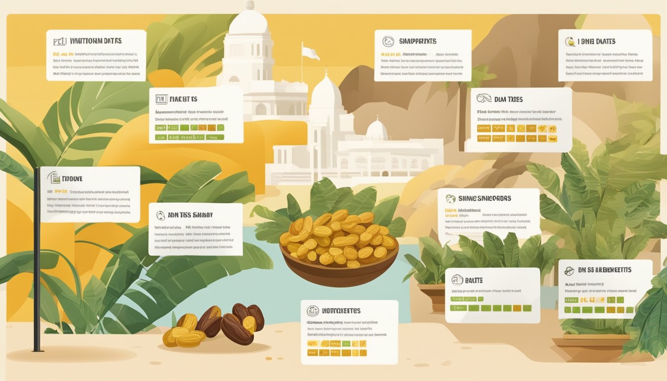 A display of fresh dates and a sign listing their health benefits and nutritional value, with a map showing where to buy dates in Singapore