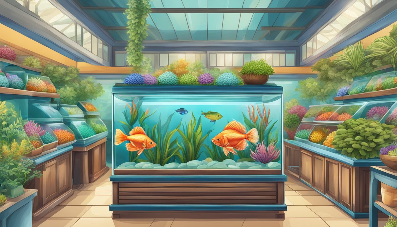 A colorful market stall displays fighting fish in small tanks, surrounded by vibrant aquatic plants and decorative ornaments